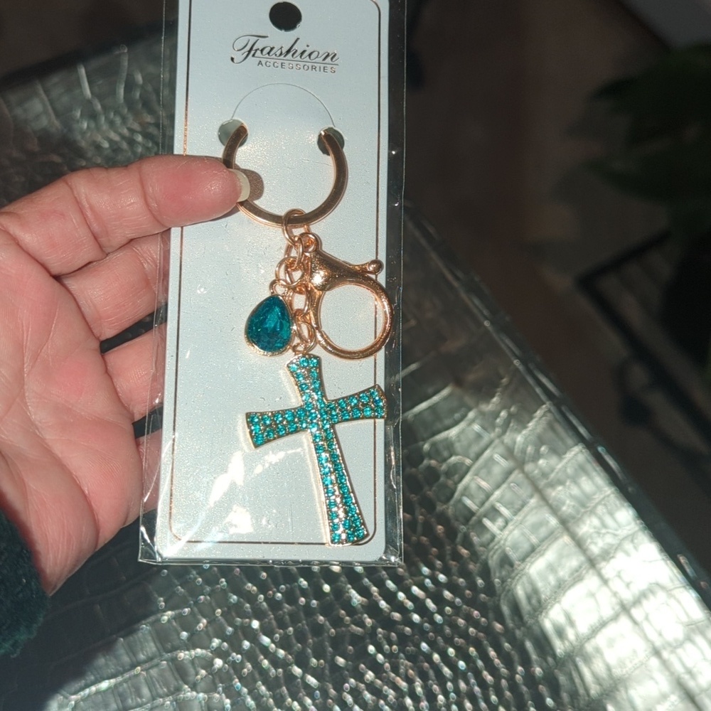Bag Charm Keychain Teal blue cross and gem